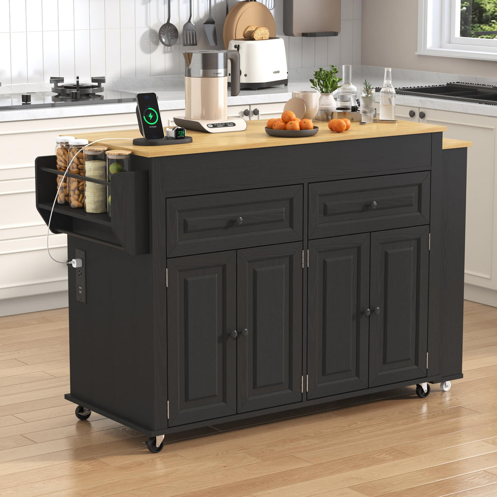 80"-48" Extendable Kitchen Island with Extended Dining Table and Power Outlet,Large Mobile Kitchen Storage Islands with 2 Storage Drawers,Rolling Islands Cart with 3 Extra Rows Open Shelves(Brown)