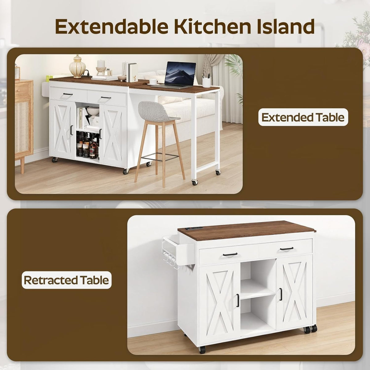 YATINEY Extendable Kitchen Island, Large Mobile Kitchen Storage Island, Rolling Kitchen Cart with Outlets, Island Table for Kitchen, White ZD03UWH