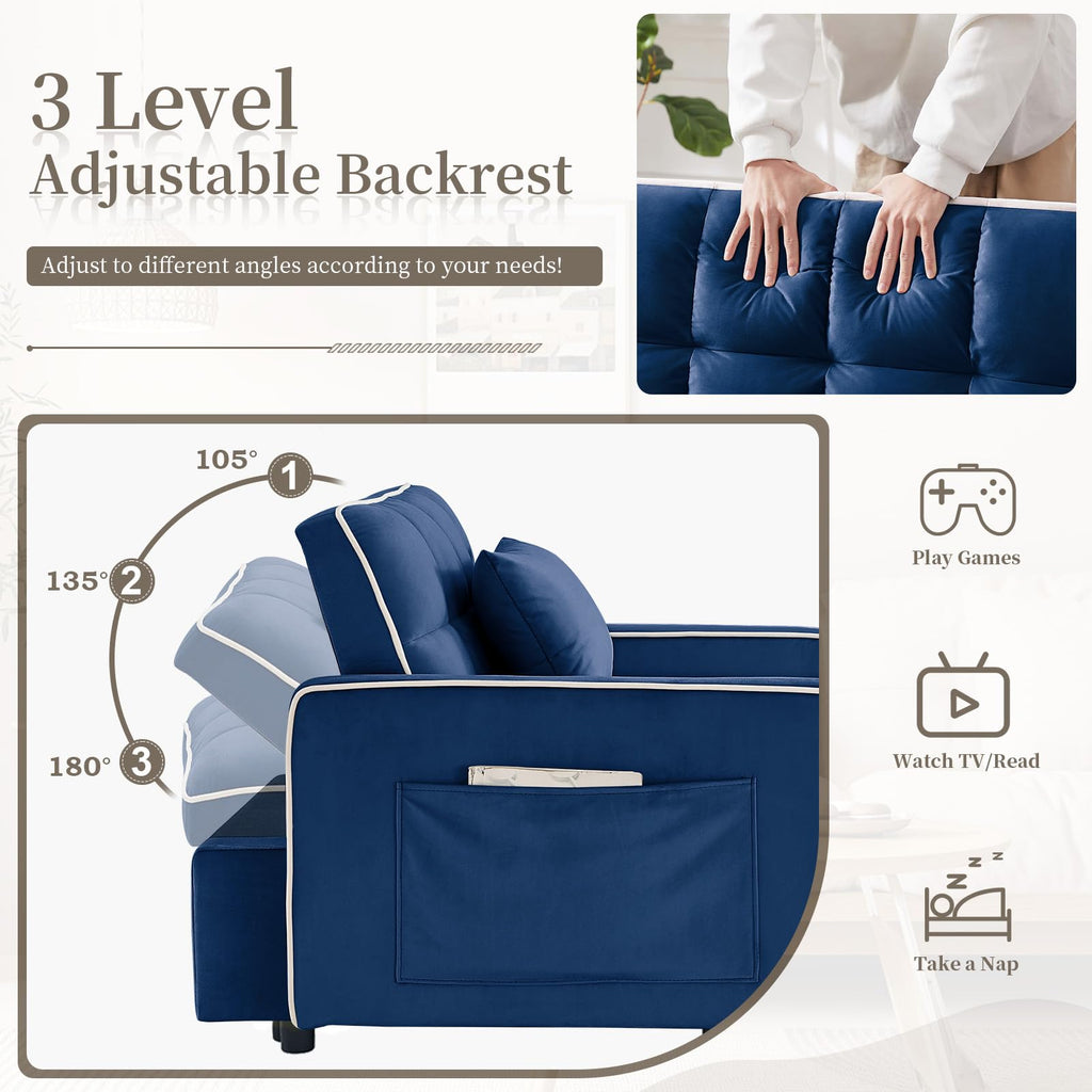 Convertible Single Sleeper Chair Bed,3 in 1 Velvet Futon Sleeper Sofa Bed with Phone Holder&USB Ports,Pull Out Couch Bed,Adjustable Recliner Armchair bed for Living Room,Office,Small Places(Grey)