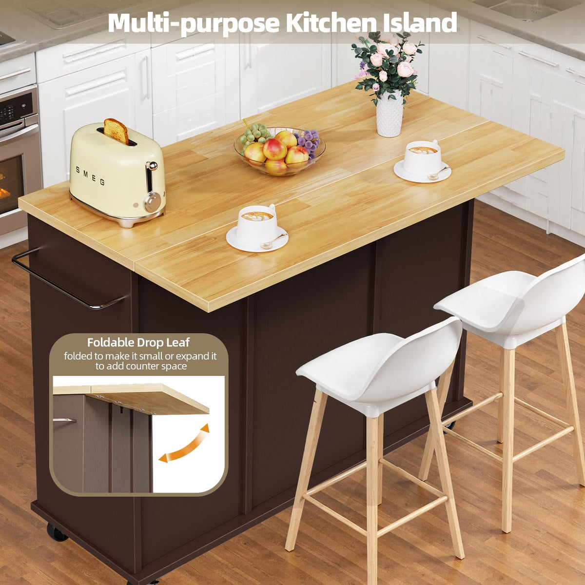 SUNLEI Rolling Kitchen Island Cart with Wheels, Island Table for Kitchen, Farmhouse Kitchen Cart with Drop Leaf & Towel Rack & Drawer, Kitchen Islands Table with Storage Cabinet, Grey