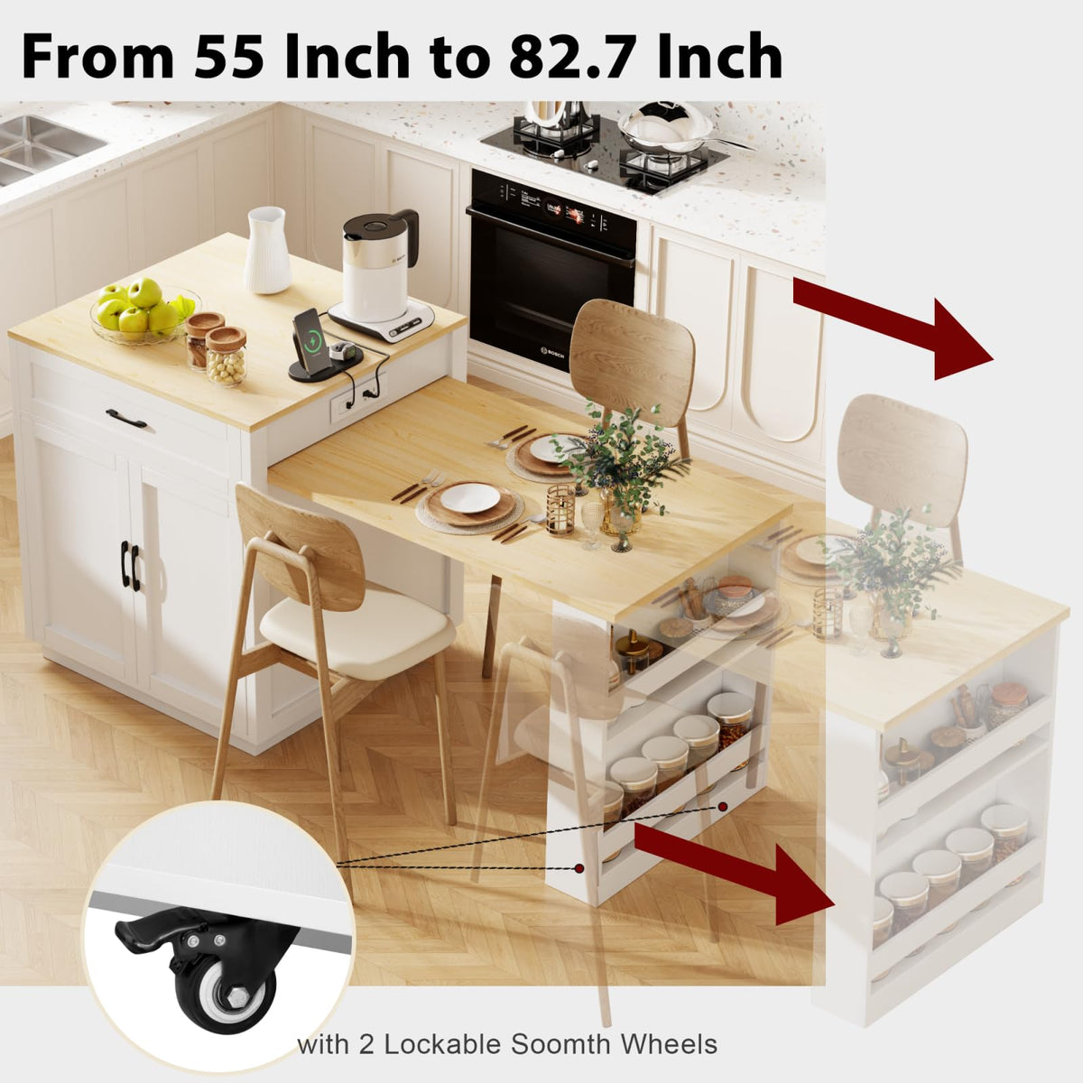 Large Kitchen Island with Extended Dining Table and Power Outlet, Rolling Kitchen Storage Cart with 3 Drawers, Kitchen Island on Wheels with Spice Rack and 2 Door Cabinet, Black
