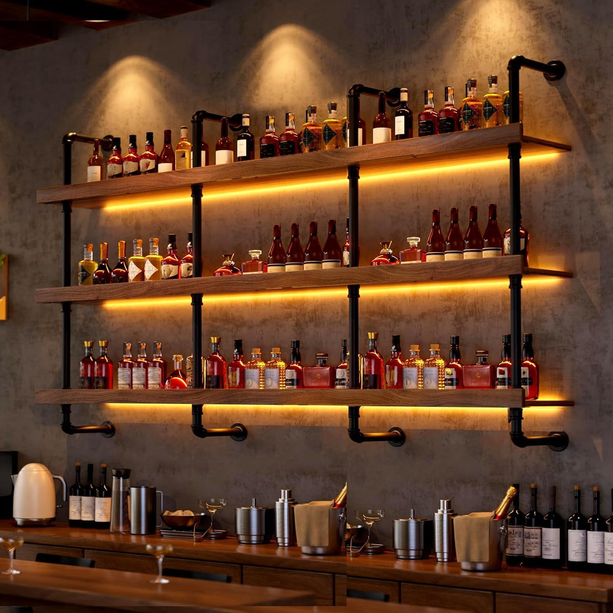 39.7in Solid Wood Wine Rack Wall Mounted with LED Light