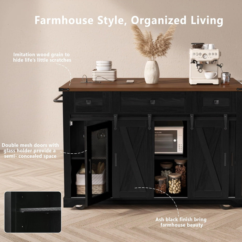 53" Large Kitchen Island with Drop Leaf & Power Outlet, Rolling Kitchen Cart on 5 Wheels with Internal Door Storage Rack, 5 Open Side Racks, 3 Drawers, 2 Doors for Kitchen Dining Room