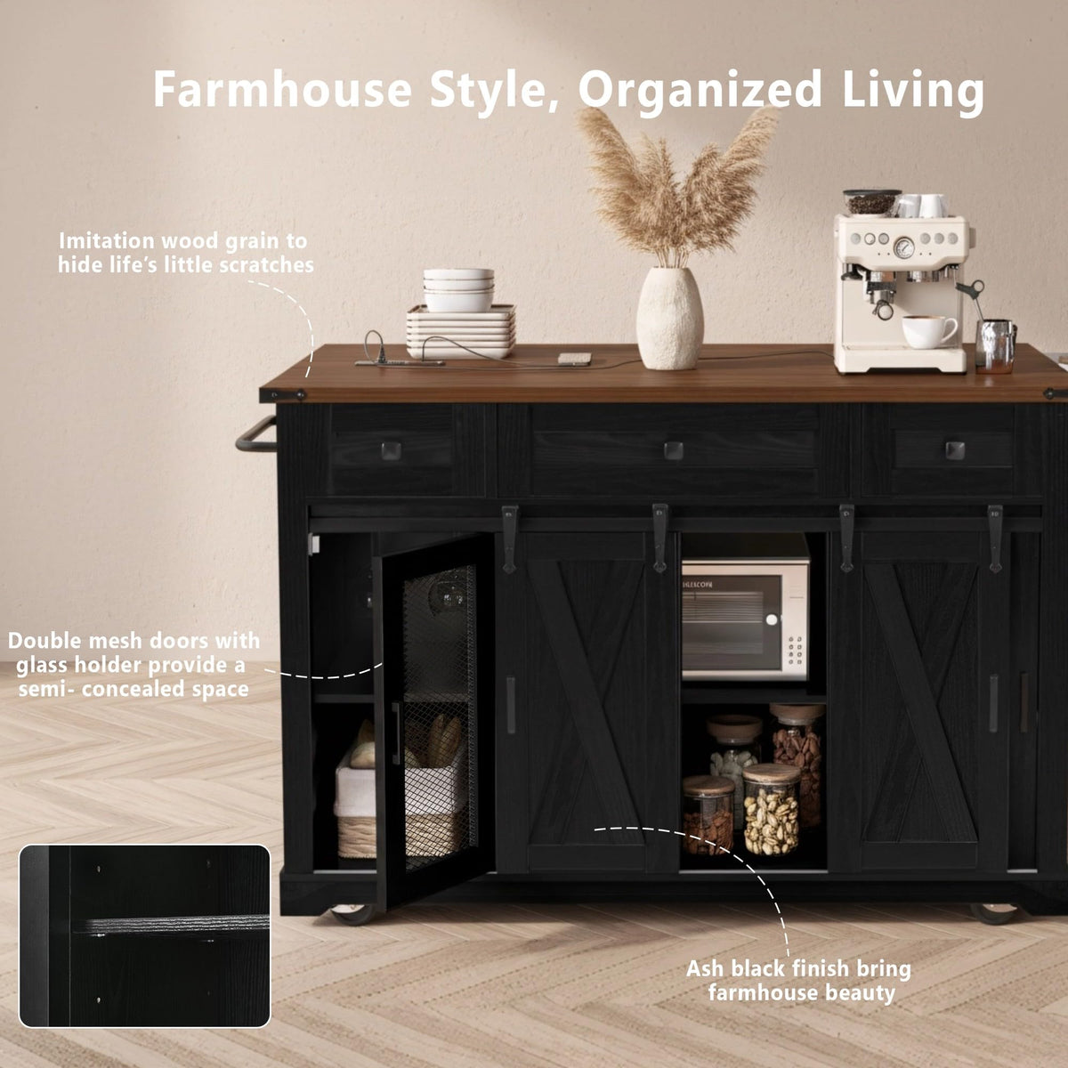 53" Large Kitchen Island with Drop Leaf & Power Outlet, Rolling Kitchen Cart on 5 Wheels with Internal Door Storage Rack, 5 Open Side Racks, 3 Drawers, 2 Doors for Kitchen Dining Room