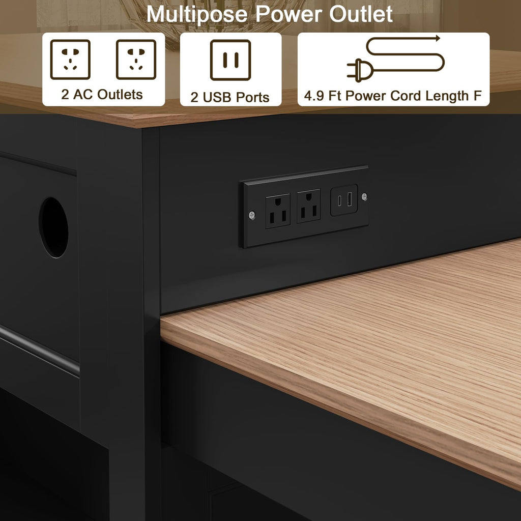 HLR 72" Kitchen Island with Extendable Table for 2-4, Island Table for Kitchen with Power Outlet and Storage Slide Out Legs, Rolling Islands Cart with 2 Doors (White)