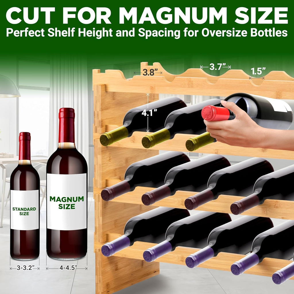 NutriChef 108 Bottle Stackable Modular Wine Rack, Upgraded 1â Thick Sideboard, .5â Rack Sticks, Sturdy Wobble Free Natural Bamboo Construction, Protective Moisture Resistant Finish, 33.5" x 10" x 63"