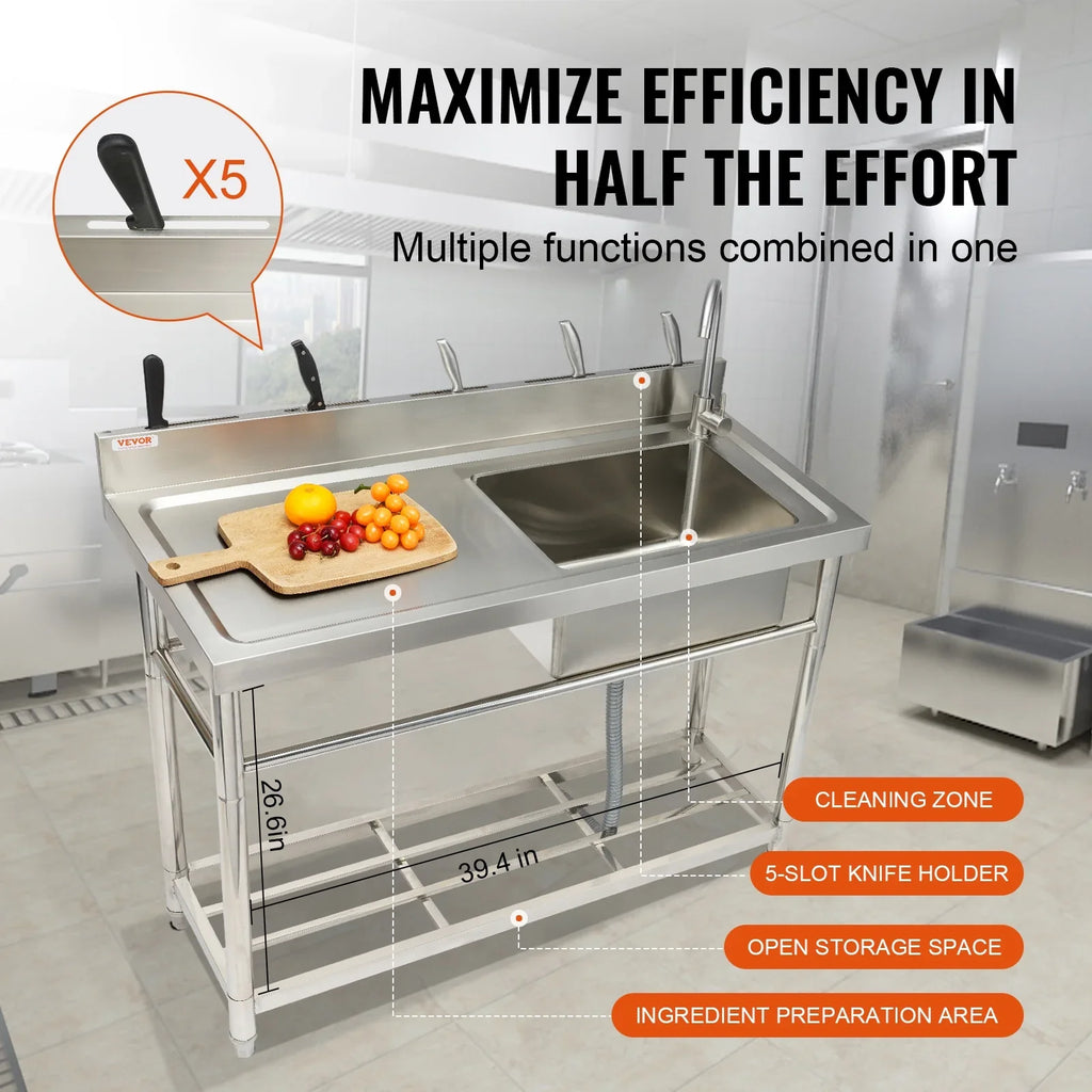 Sink x w/Workbench 39.4 x 19.1 Bowl Utility BENTISM 37.4 Single Prep & in Commercial