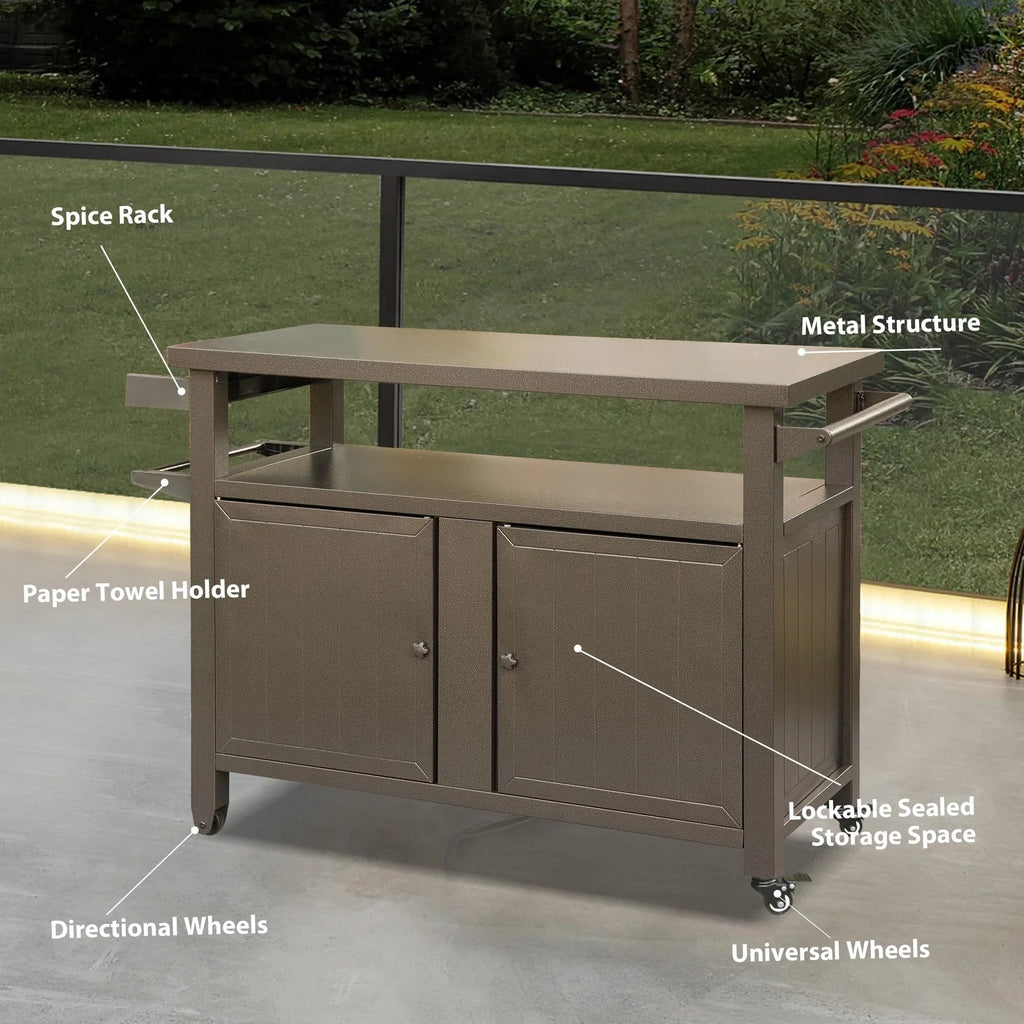 Party, BBQ Storage with Metal Kitchen CoSoTower Cooking Dining Outdoor Prep Grill Bar Kitchen Table Wheels, Patio, Carts (Brown) for Cabinet Table Grill Table Outdoor Home Island,
