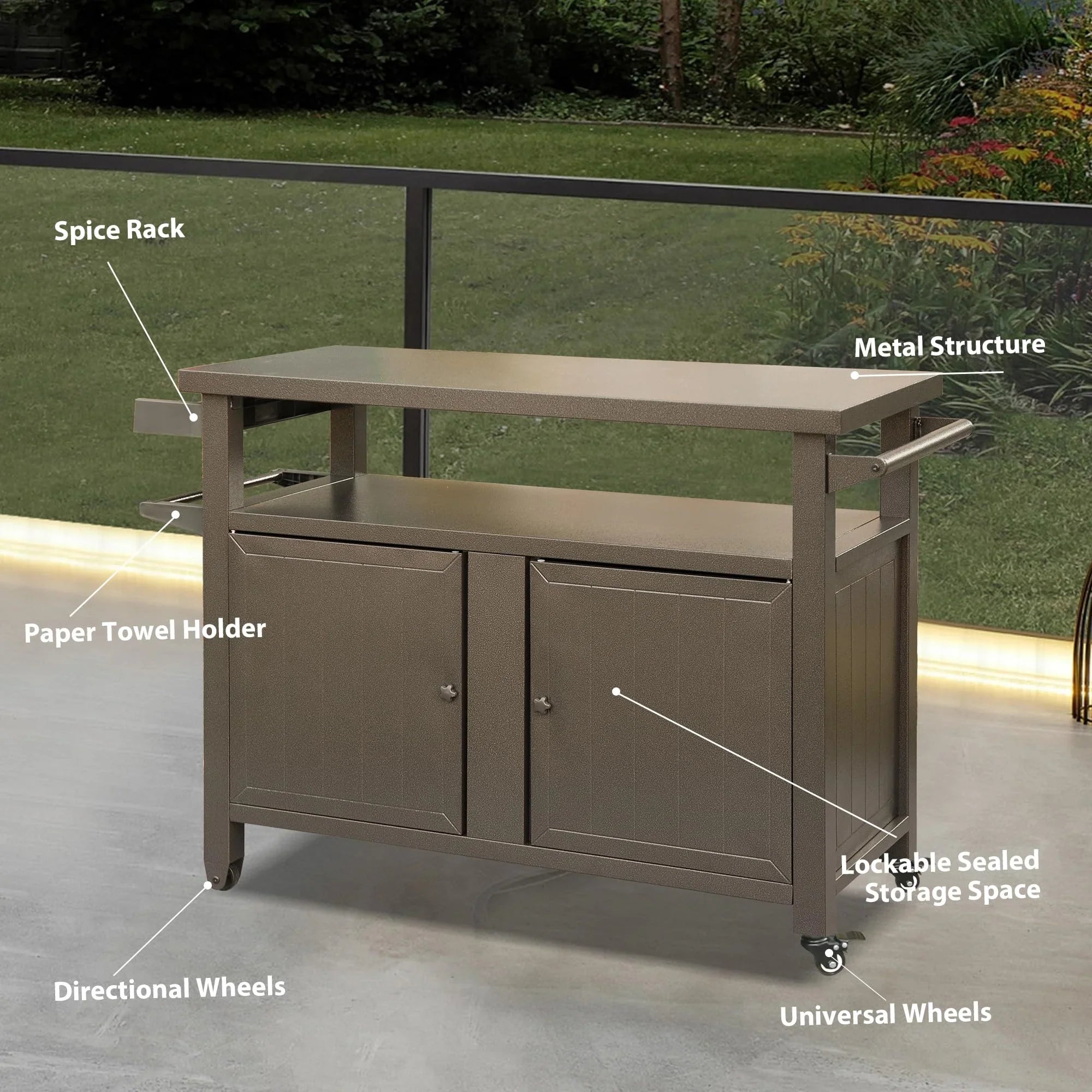 Party, BBQ Storage with Metal Kitchen CoSoTower Cooking Dining Outdoor Prep Grill Bar Kitchen Table Wheels, Patio, Carts (Brown) for Cabinet Table Grill Table Outdoor Home Island,