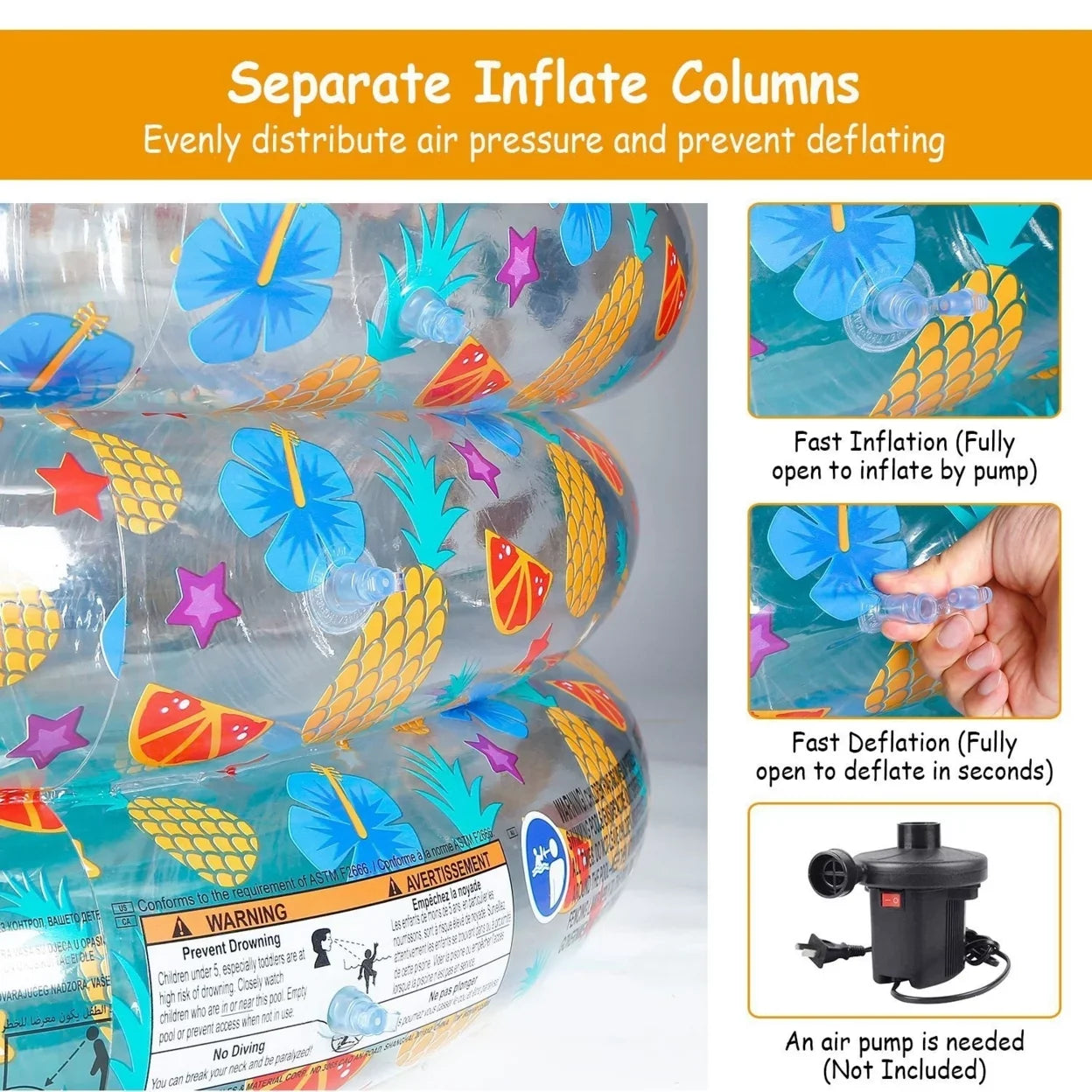 59x21in Family Pool Swimming Blow Swim Ball Pool Inflatable Pool Kids Center For Foldable 3 Up