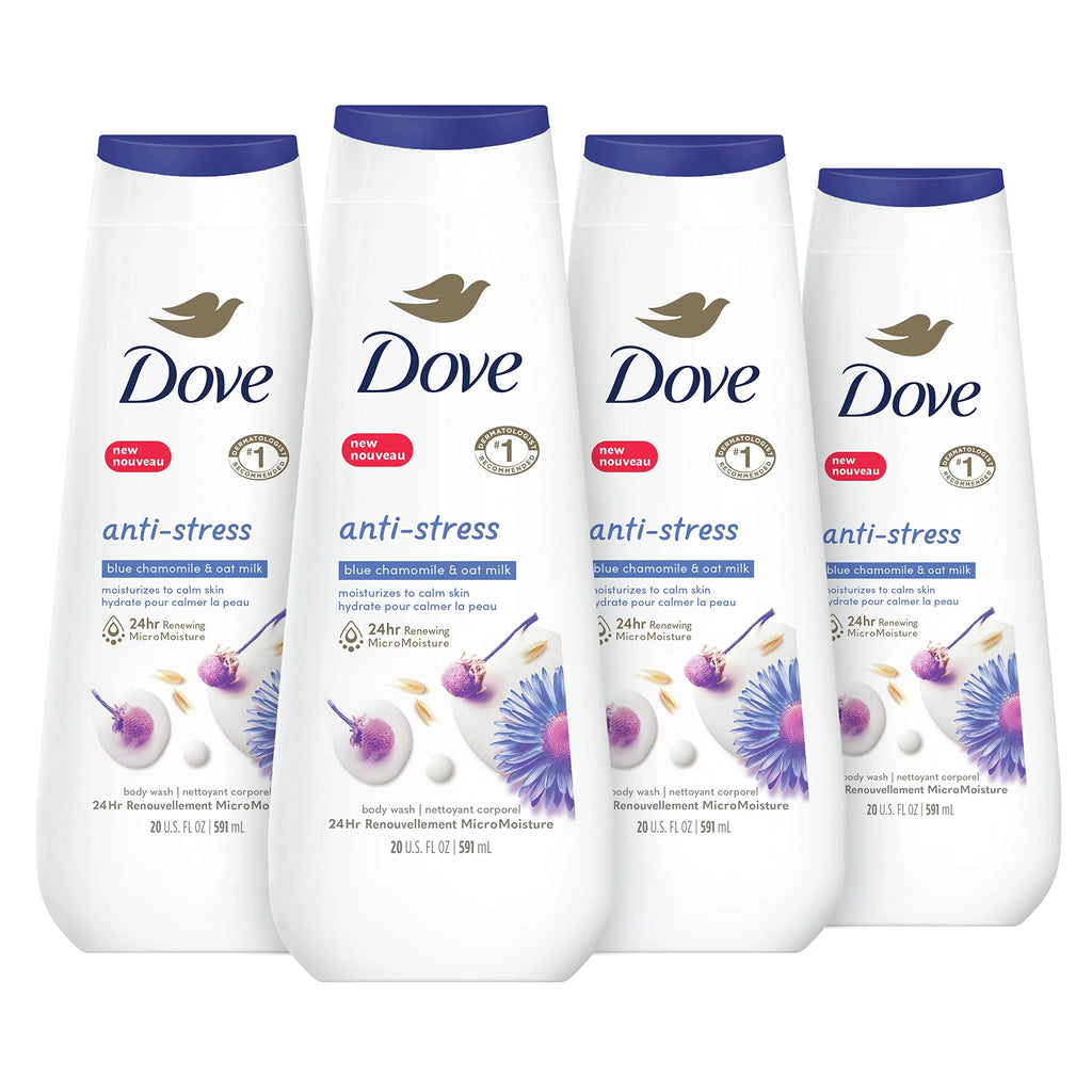 Moisturizing Dove Skin Body Gentle Healthy-Looking Count Renewed, 24Hr Cleanser Milk Chamomile 4 Wash Blue Micromoisture 20 For Anti-Stress Oz Oat With Skin & Renewing