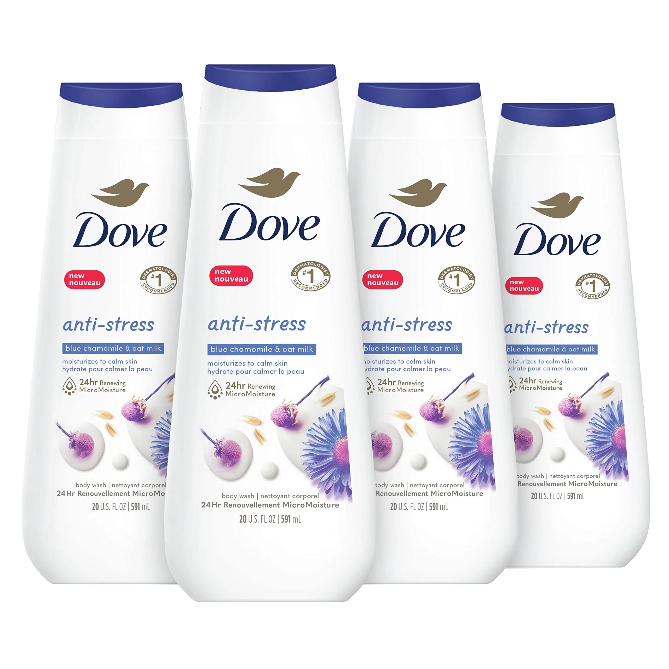 Moisturizing Dove Skin Body Gentle Healthy-Looking Count Renewed, 24Hr Cleanser Milk Chamomile 4 Wash Blue Micromoisture 20 For Anti-Stress Oz Oat With Skin & Renewing