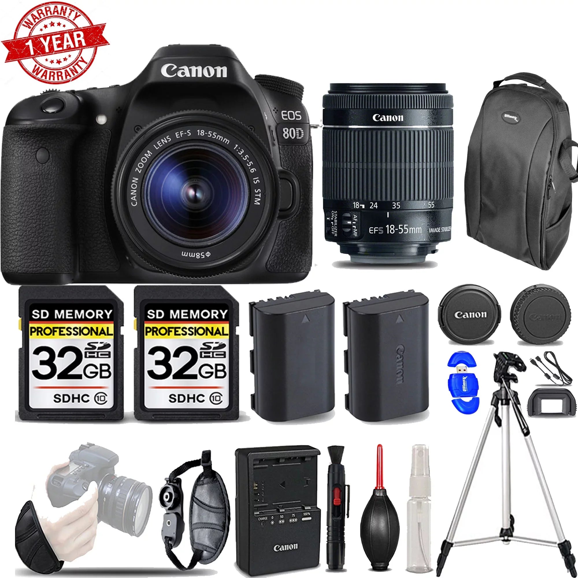 Canon -64GB | Battery Kit 80D Ext STM Wrist DSLR Lens Camera with 18-55mm Grip | Eos