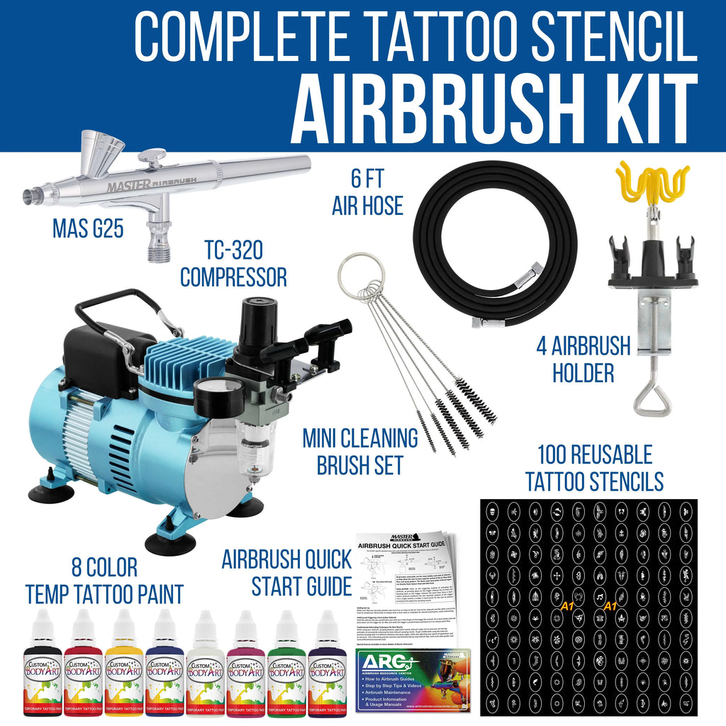 Art Body 100 Color Set, Tattoo Custom Kit Master Temporary Paint Air 8 with System Compressor Airbrush Airbrush, Stencil