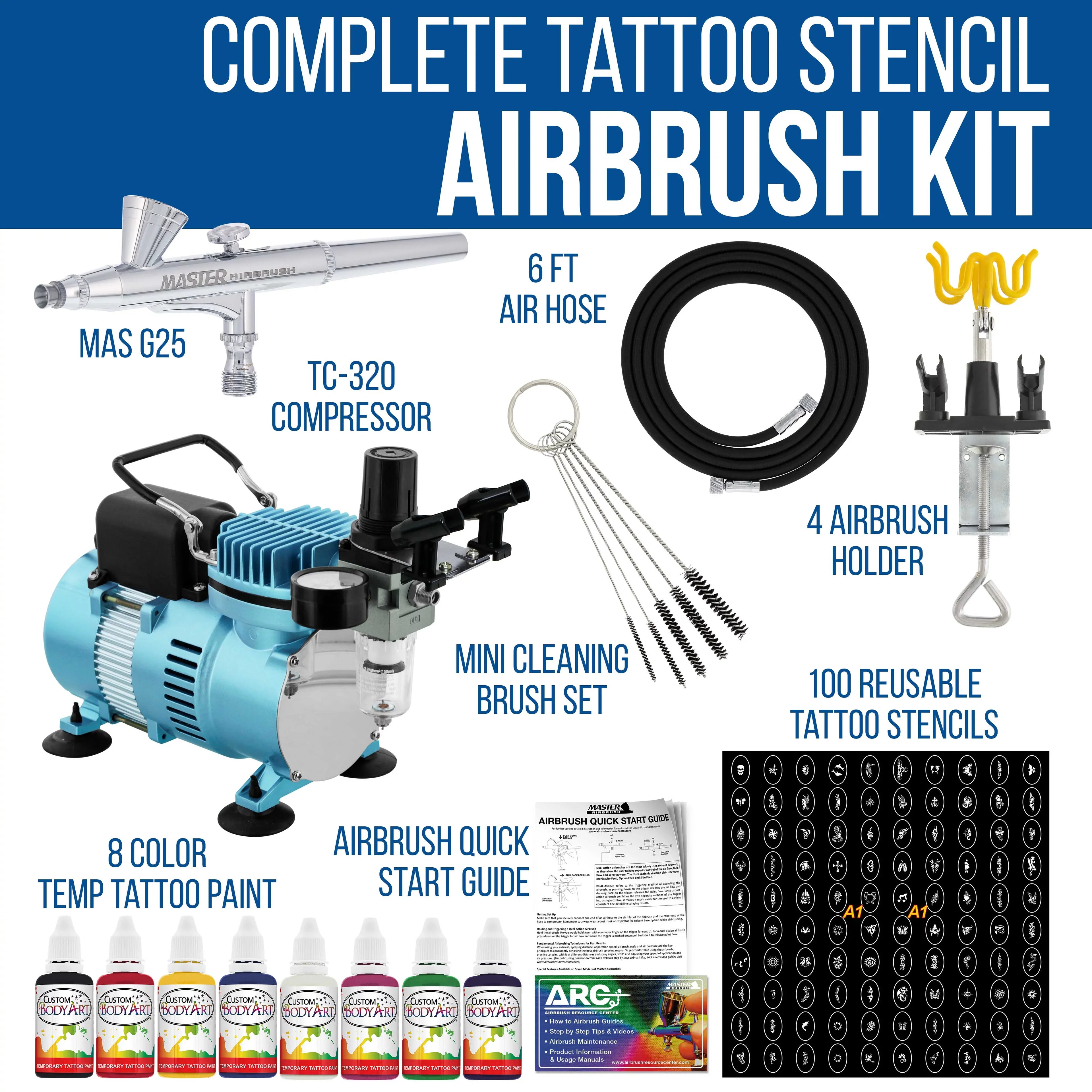 Art Body 100 Color Set, Tattoo Custom Kit Master Temporary Paint Air 8 with System Compressor Airbrush Airbrush, Stencil