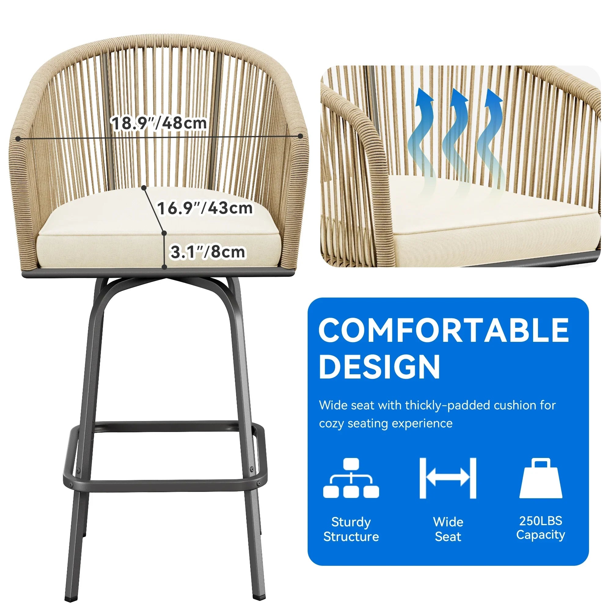 Color Stools, Bar Pool with Outdoor Bar Rotation (Light Patio Back Beige Backyard Swivel with Scheme) Dextrus for and of Cushions Garden 4 Chairs Yellow Set Woven Area, Comfortable 360-Degree