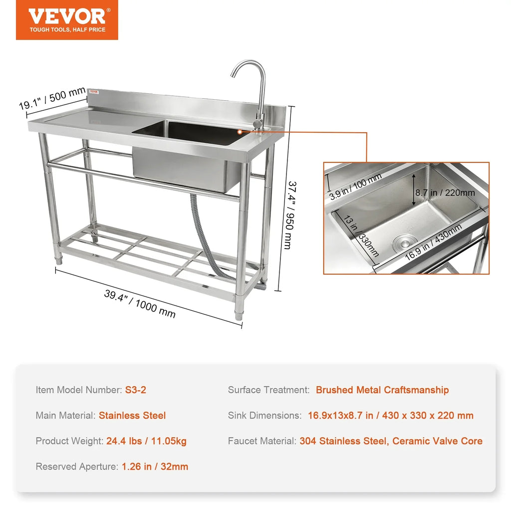 Sink x w/Workbench 39.4 x 19.1 Bowl Utility BENTISM 37.4 Single Prep & in Commercial
