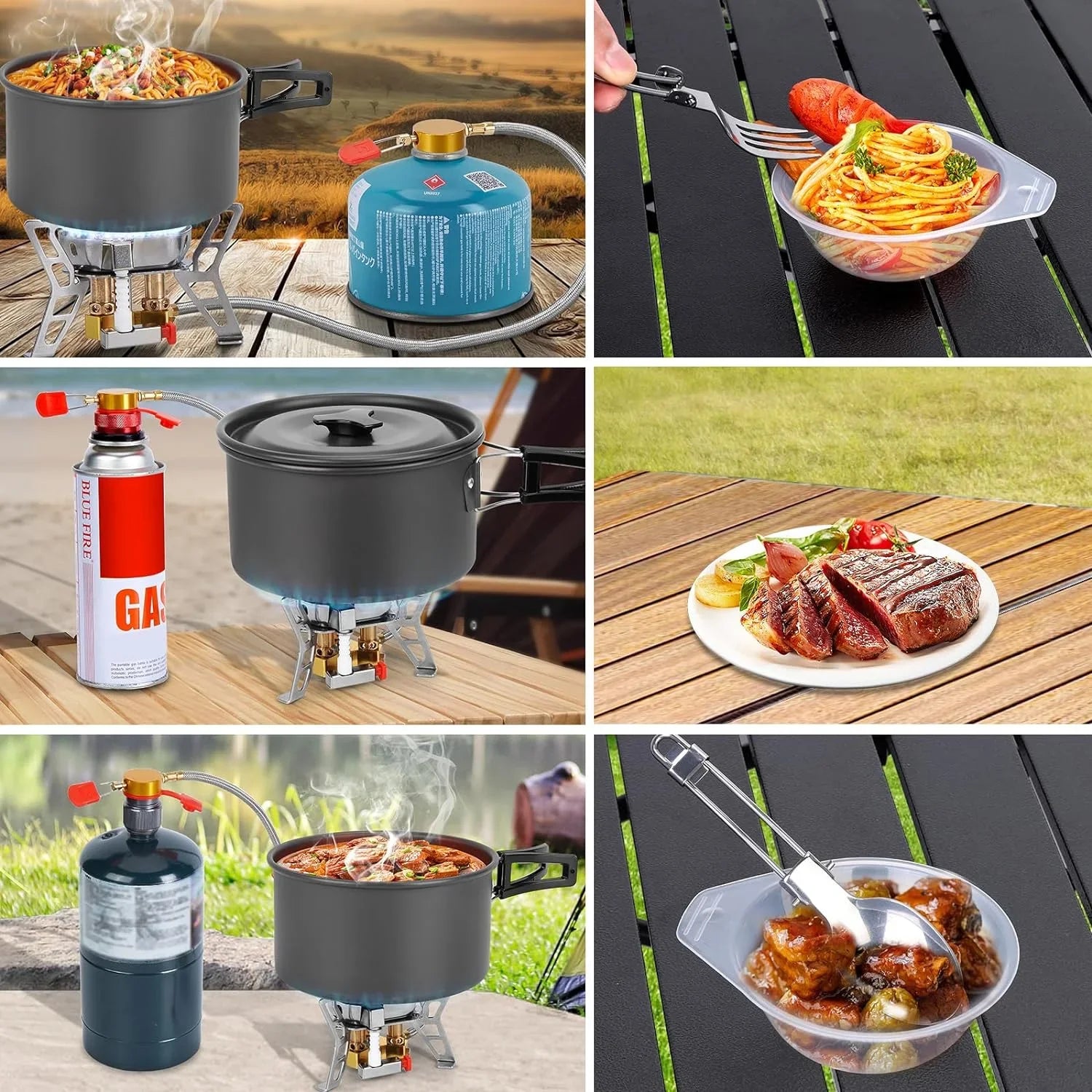 Backpacking with 6800W and Hiking Camping Camping Canister Soup Picnic Kit Fuel Stove, Cookware Spoon, WADEO Spoon for Camping Bowl Stove Pot, with Gas Windproof Outdoor Adapters, Camping Fork, Knife,