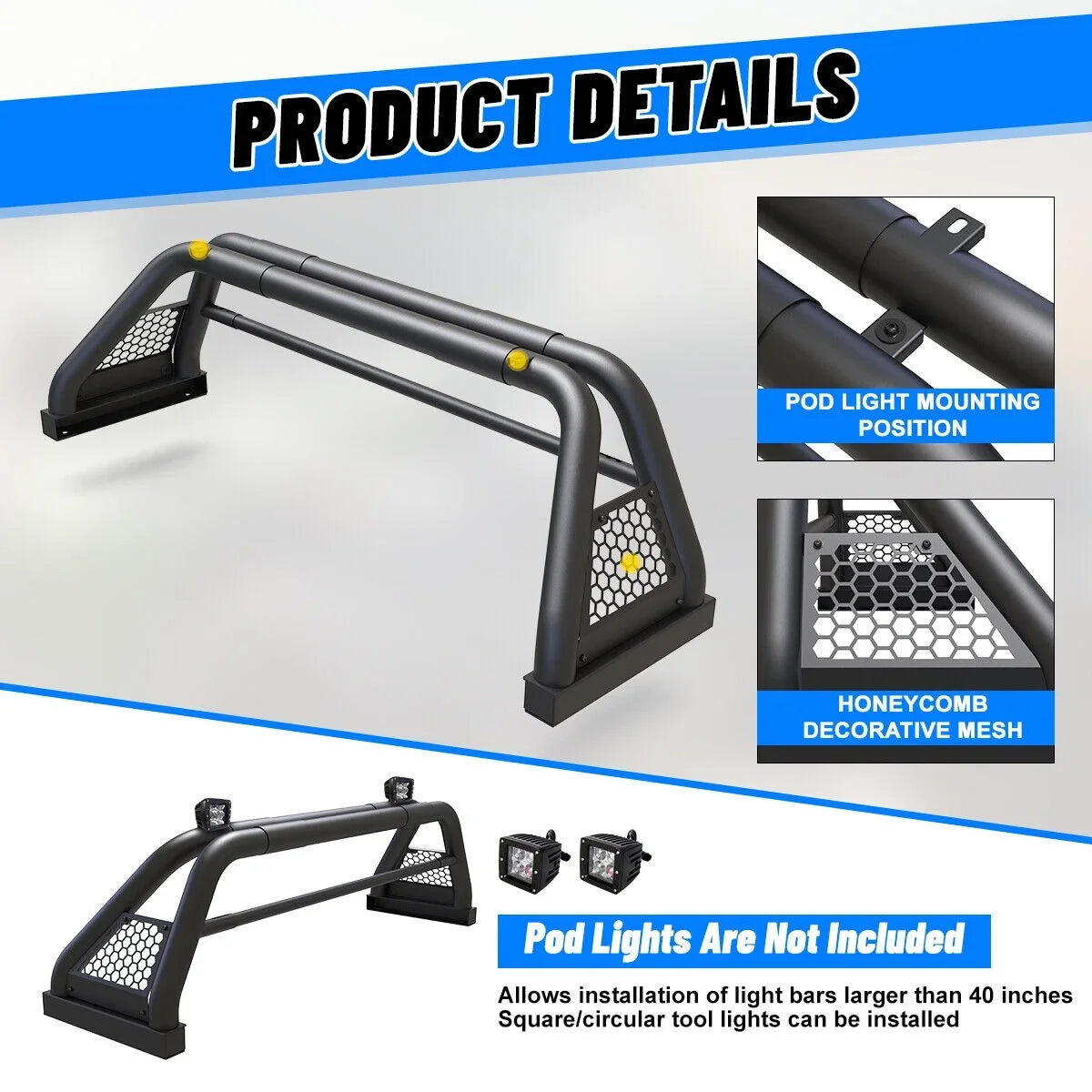 2019-2023 For 62.9-74.7" Truck Bed Bar Ranger Ford Fit Rack Adjustable Sport Chase Roll Bar