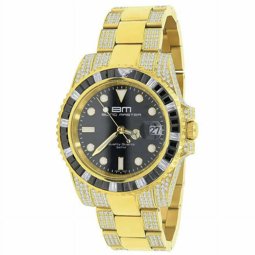 40mm Solid Yellow Presidential Gold Diamond Stainless Watch Steel 18k Simulated Mens