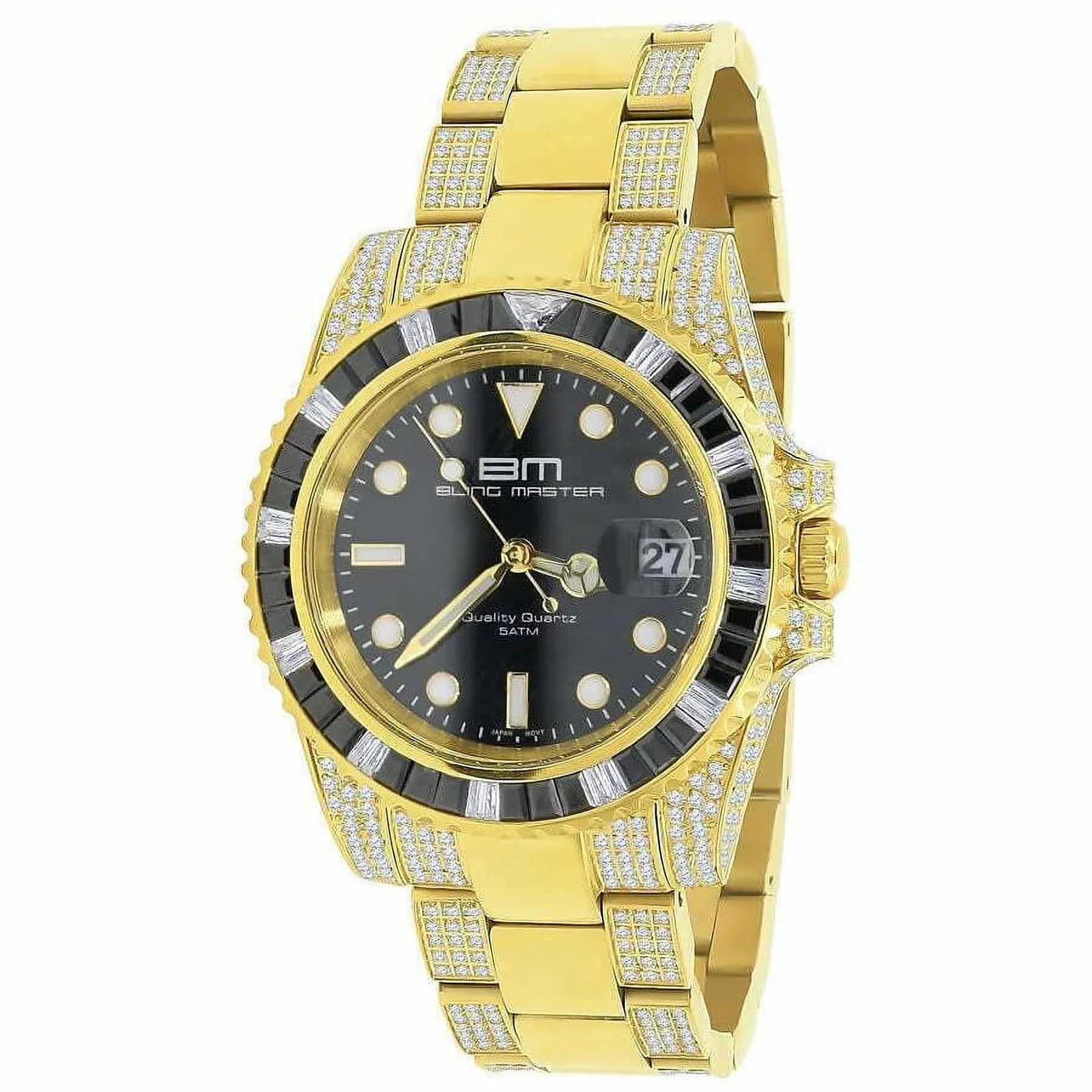 40mm Solid Yellow Presidential Gold Diamond Stainless Watch Steel 18k Simulated Mens