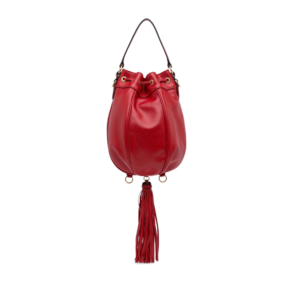 Bag Unisex Tassel Miu Authenticated Miu Bucket (Good) Leather DrawstringBag Red Pre-Owned Accent Calf