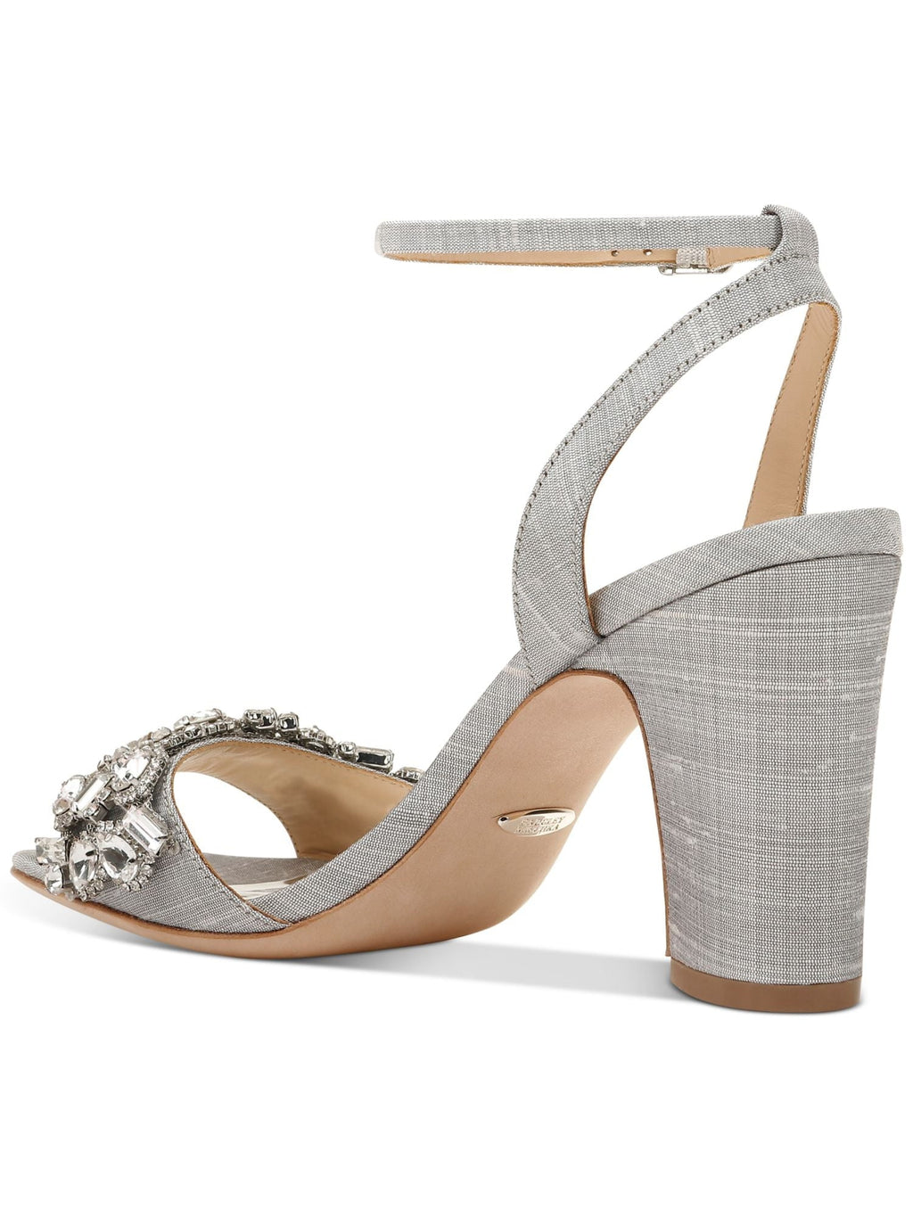 7 Rhinestone Silver Heel MISCHKA Womens Buckle BADGLEY Round Toe Dress Strap Block Toe Sandals Shoes Metallic