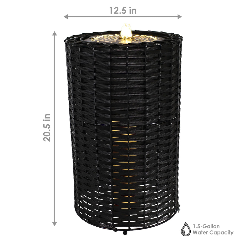 Fountain 20.5" LED Lights Cylinder - with Wicker Sunnydaze Plastic