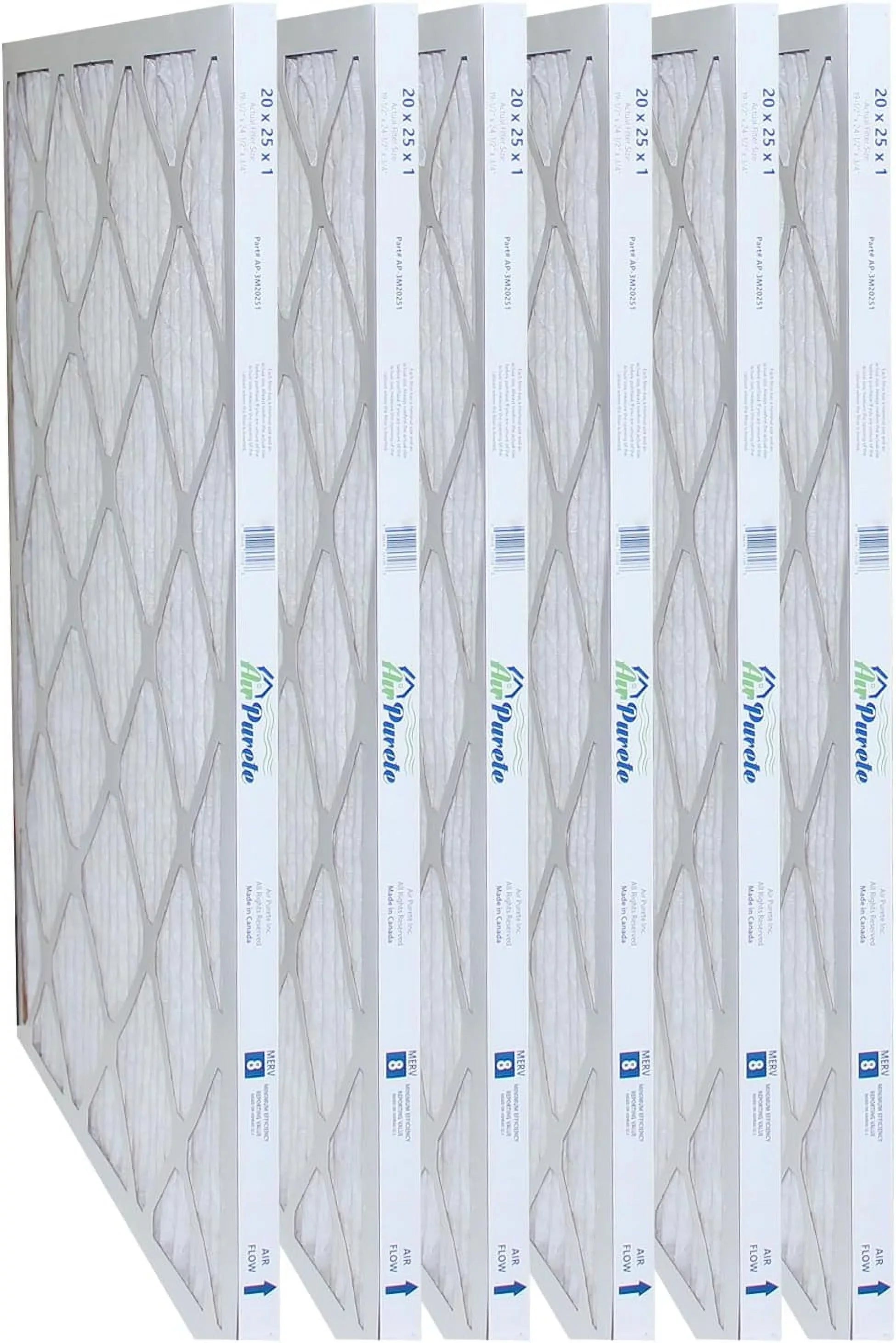 Size: | Pack Filters of 8 Furnace Nominal | 19-1/2” 20x25x1 6 MERV Size: 3/4” 24-1/2” Capacity x AirPurete |Actual AP-3M20251 x |High