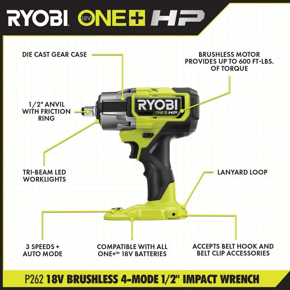 Cordless ONE+ (Tool HP Brushless (P262) in. 4-Mode RYOBI Wrench Impact 1/2 18V Only)