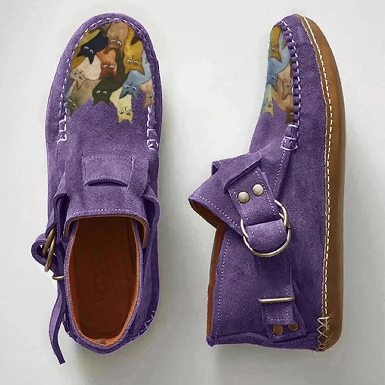 Printed Comfort Leather Button Cat Female Ankle Flat Cartoon Boots Casual women's boots