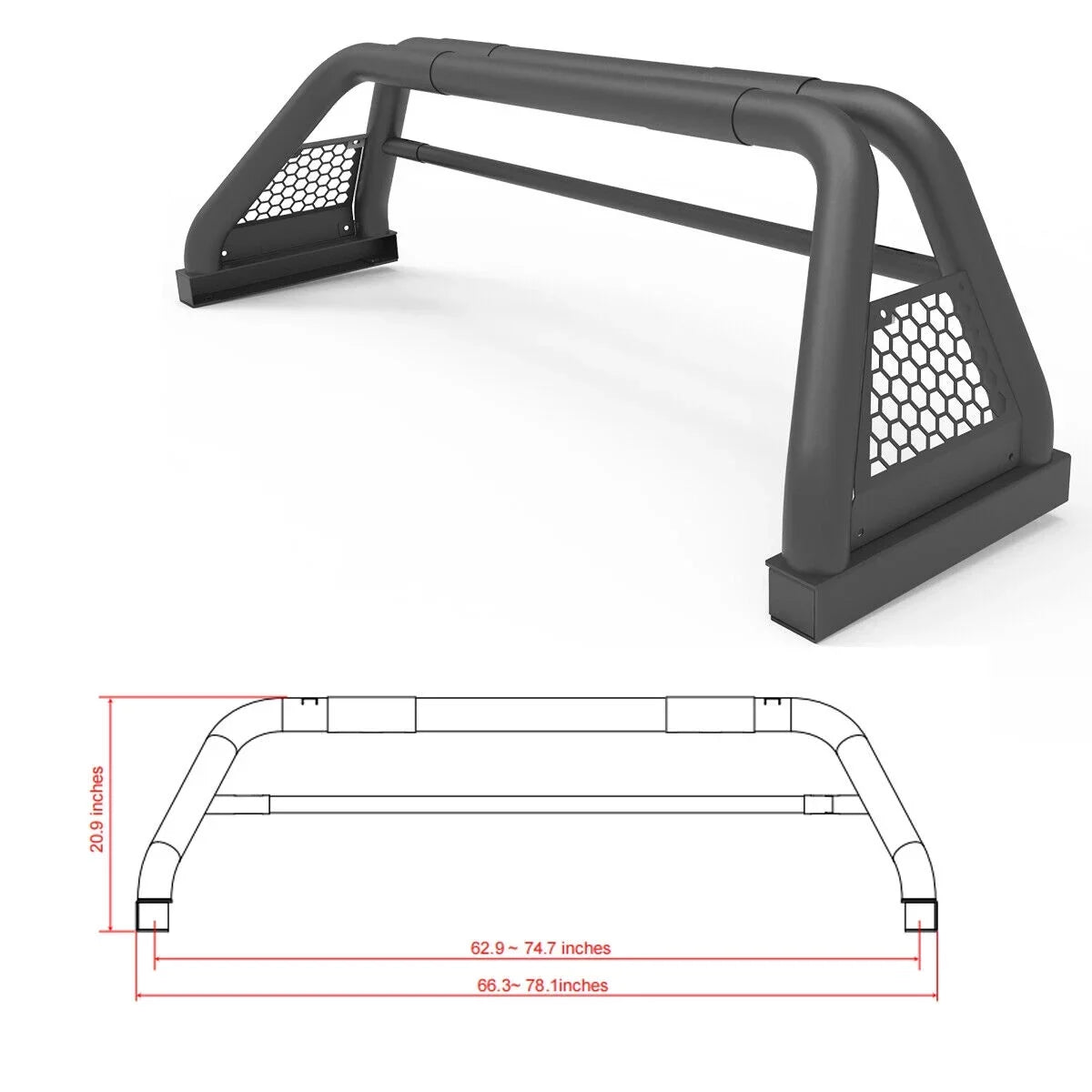 2019-2023 For 62.9-74.7" Truck Bed Bar Ranger Ford Fit Rack Adjustable Sport Chase Roll Bar