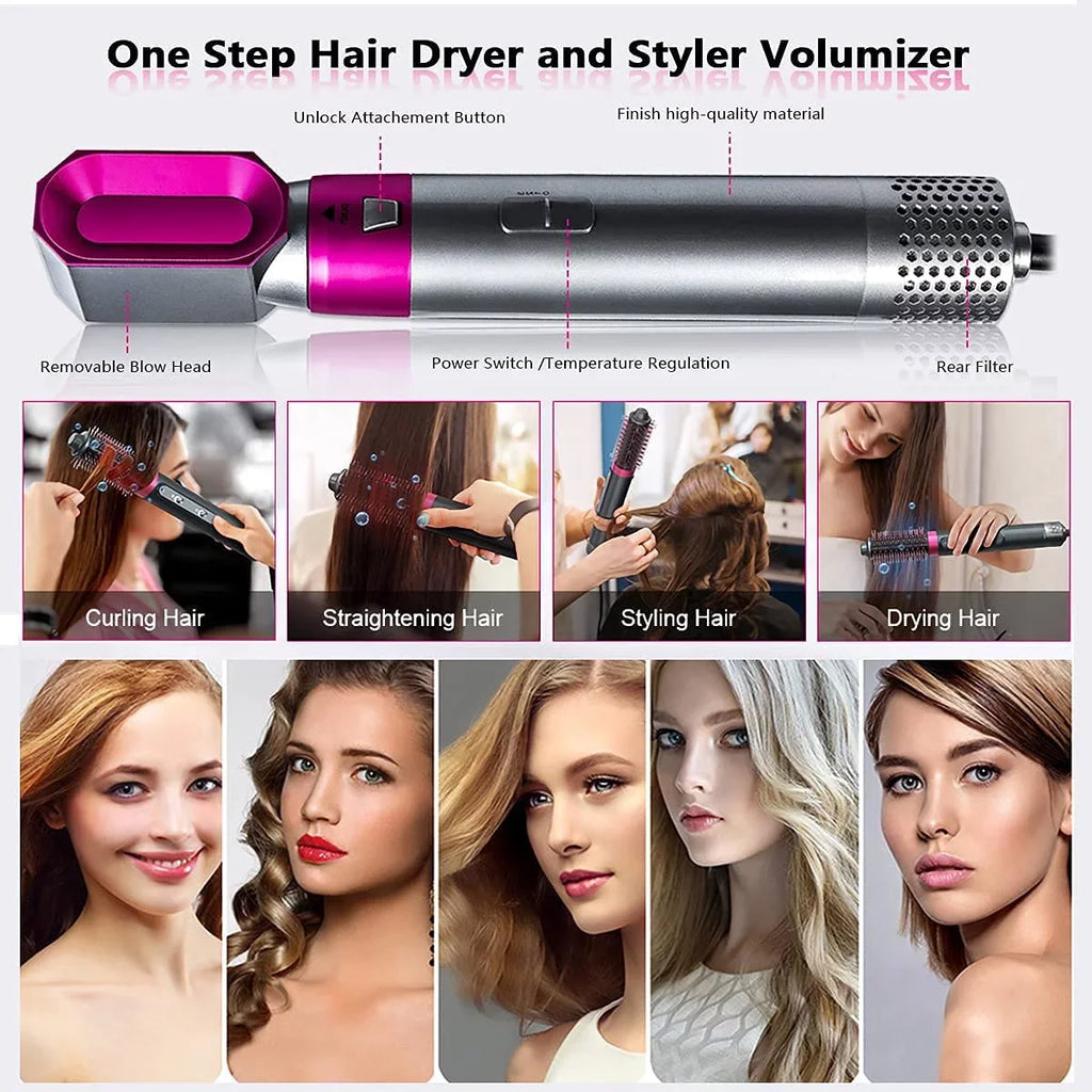 for Ionic Detachable and Dryer 5-in-1 Straightening Color: Negative with Automatic Curling Brush PinkGold Hair Styling, - - Heads Dryer Electric Blow Hair Brush Brush Styler