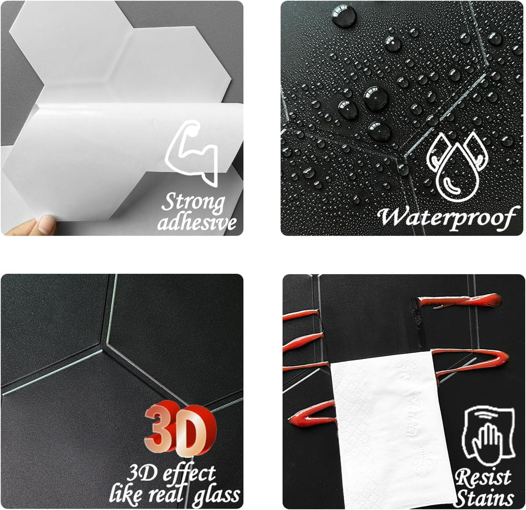 PET Black Stick Backsplash Bathroom(11.57''x10.35'',10-Sheet) Tiles Self Adhesive 3D for Matte Big Real Hexagon Peel and Kitchen