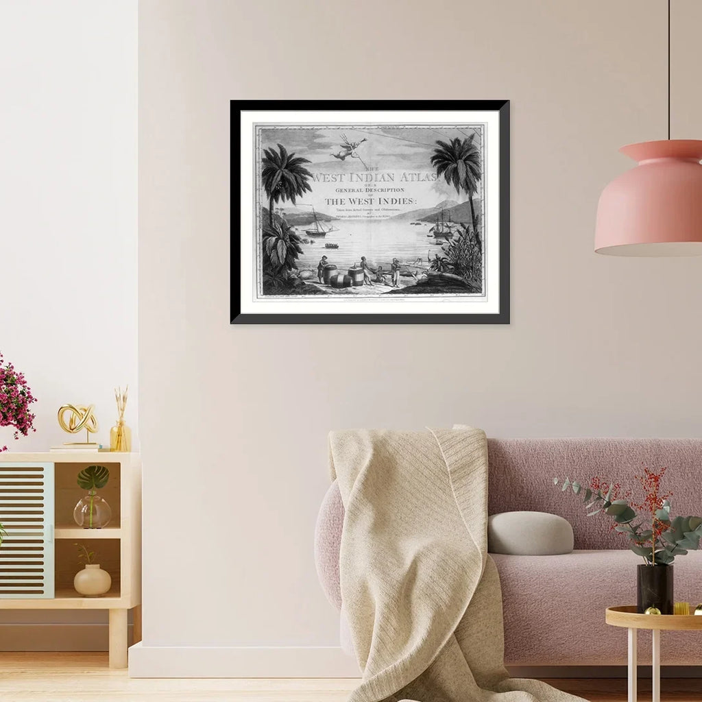 the ships two and on West Historic scene harbor], Framed large with casks, the in showing 17-7/8" x sailor a [A the Indies and beach three Natives in Print, 21-7/8" British