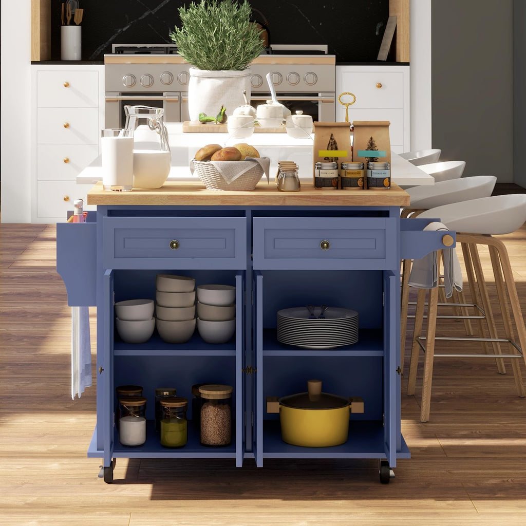 HOMCOM Kitchen Island Cart on Wheels with Solid Wood Top, 44" Cream White