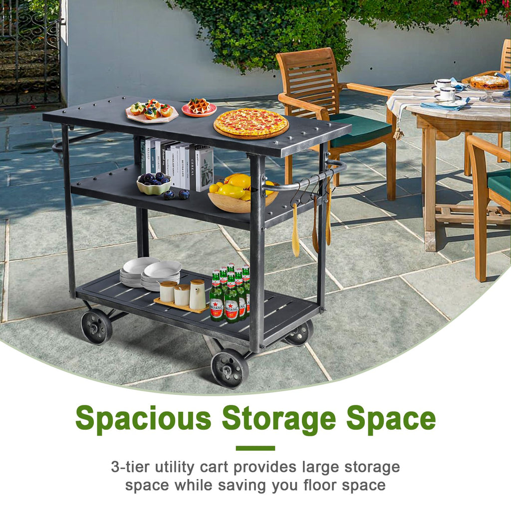 Industrial 3 Tier Rolling Utility Storage Cart Wine Beverage, Metal Wine Rack with Wheels Kitchen Bar Dining Room Tea Wine, Storage Cart with Wood