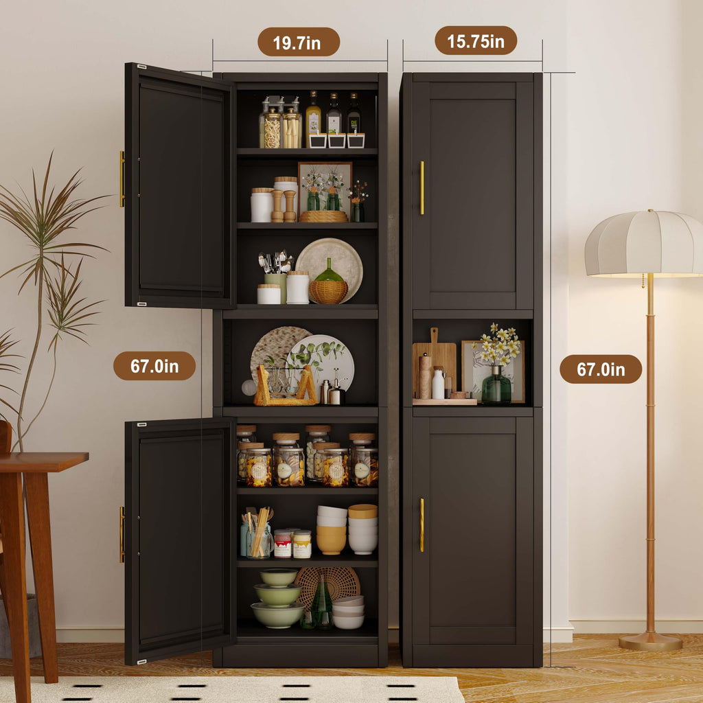 67" Tall Metal Pantry Cabinet, Narrow Freestanding Storage Cabinet, Black