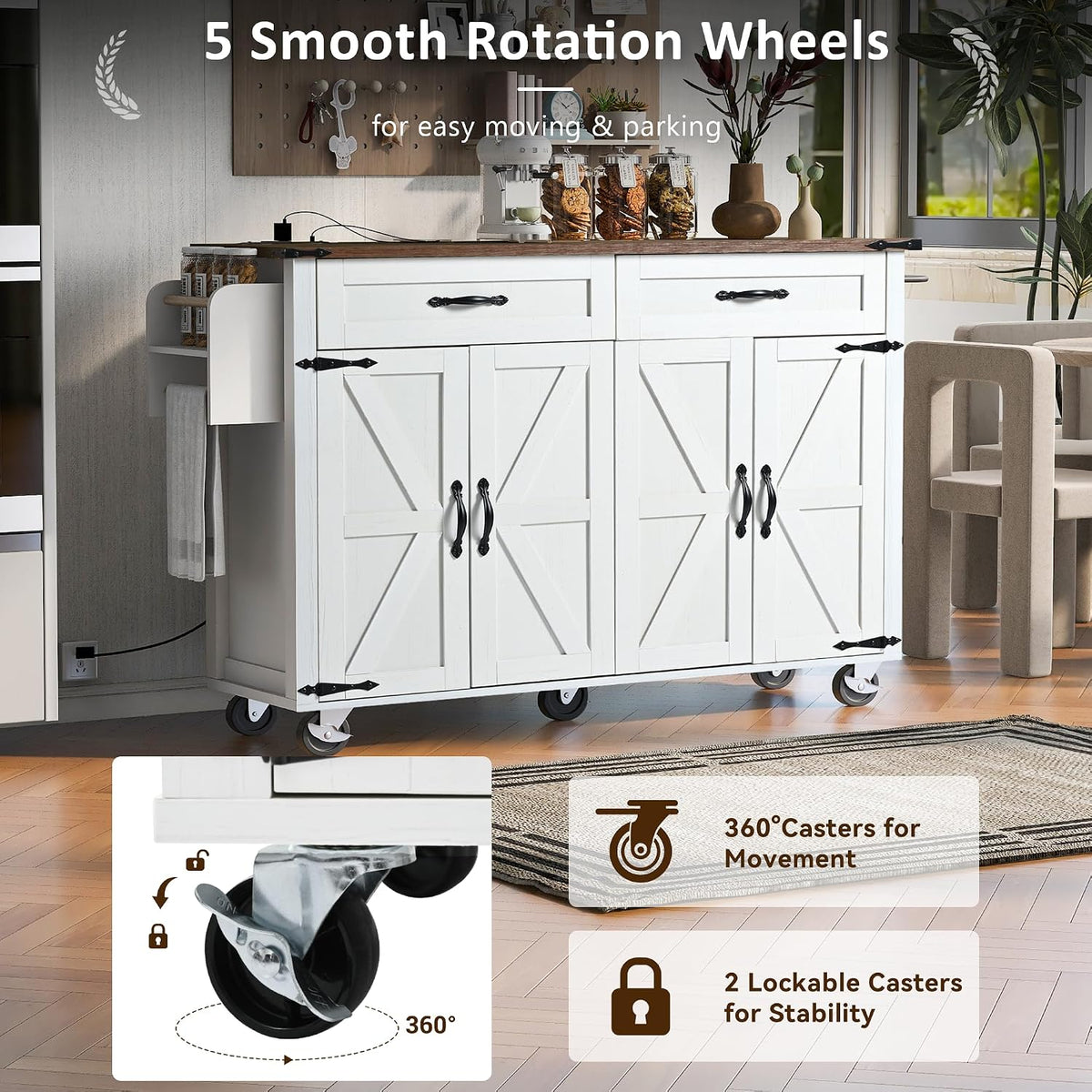 Ball & Cast Farmhouse Kitchen Island with Power Outlet,Dining Storage Island with Drop Leaf,Spice Rack and Drawer,Rolling Dining Cart on Wheels for Home,Kitchen,Dining Room,White,54"