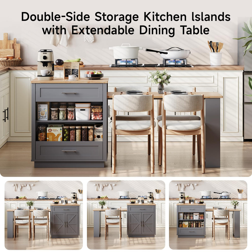 48"-76" Kitchen Islands with Extendable Dining Table, 2-4 People, White