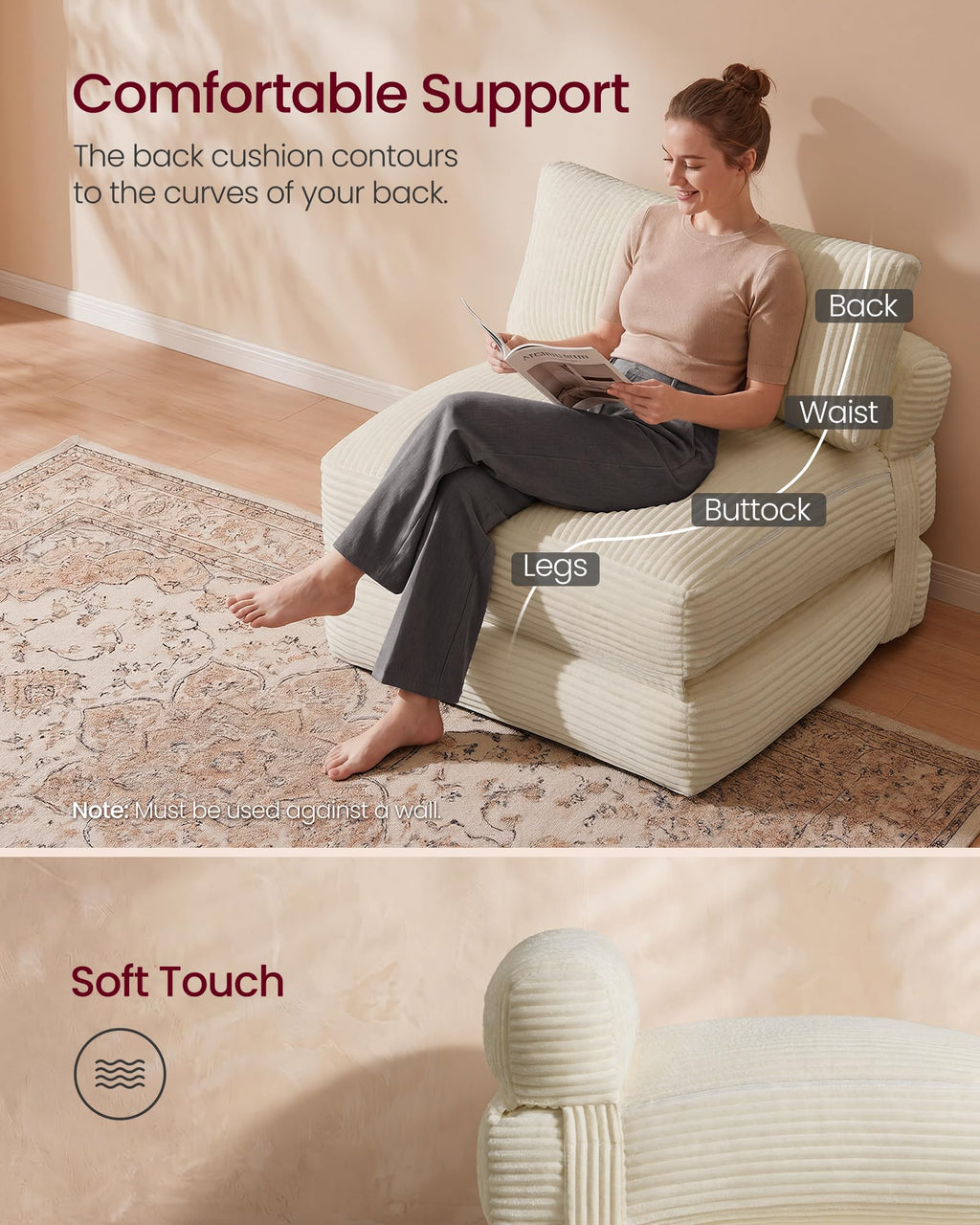 VASAGLE Folding Sofa Bed, Convertible Chair Bed with Pillow, Sleeper Chair