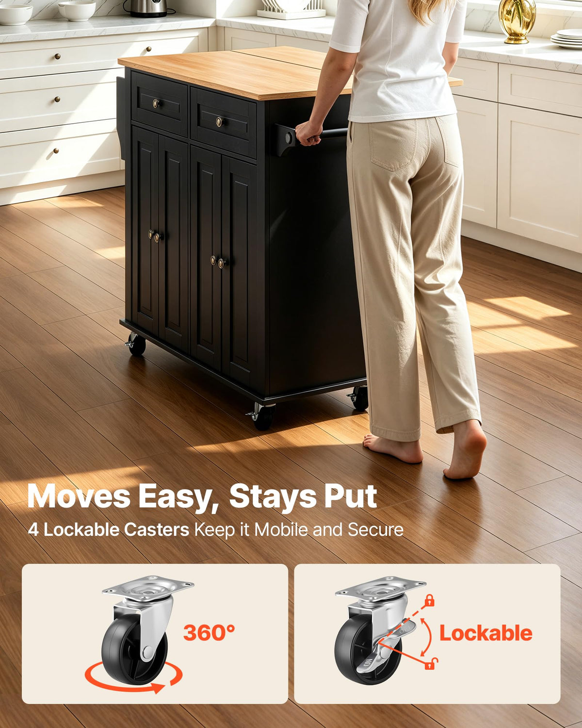 VEVOR Kitchen Island Cart with Storage, 43.58 in Wide Mobile Rolling Storage Island on Swivel Wheels, with 2 Drawers, Storage Cabinet, Drop Leaf, Spice/Towel Rack, Table for Home Dining Room, White