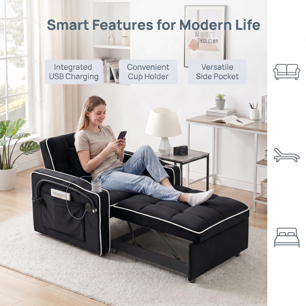 Convertible Sleeper Chair, Pull Out Sofa Bed with Adjustable Backrest & Hidden Storage Armrest, Single Sofa Recliner with USB Charging Port & Cup Holders for Living Room, Bedroom, Dark Gray