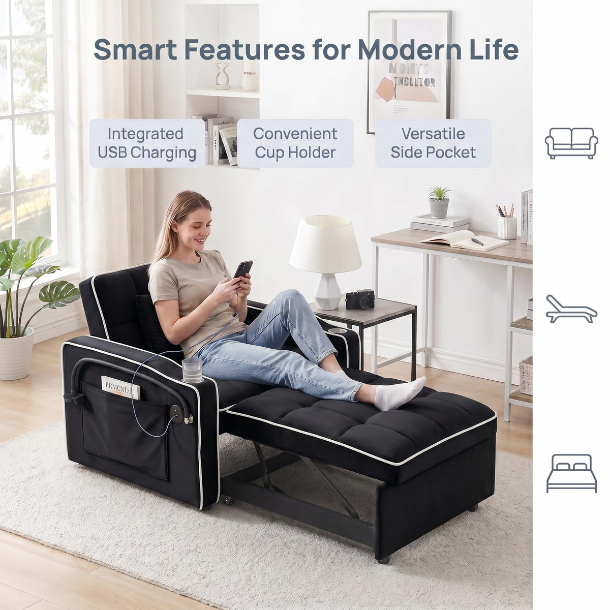 Convertible Sleeper Chair, Pull Out Sofa Bed with Adjustable Backrest & Hidden Storage Armrest, Single Sofa Recliner with USB Charging Port & Cup Holders for Living Room, Bedroom, Dark Gray