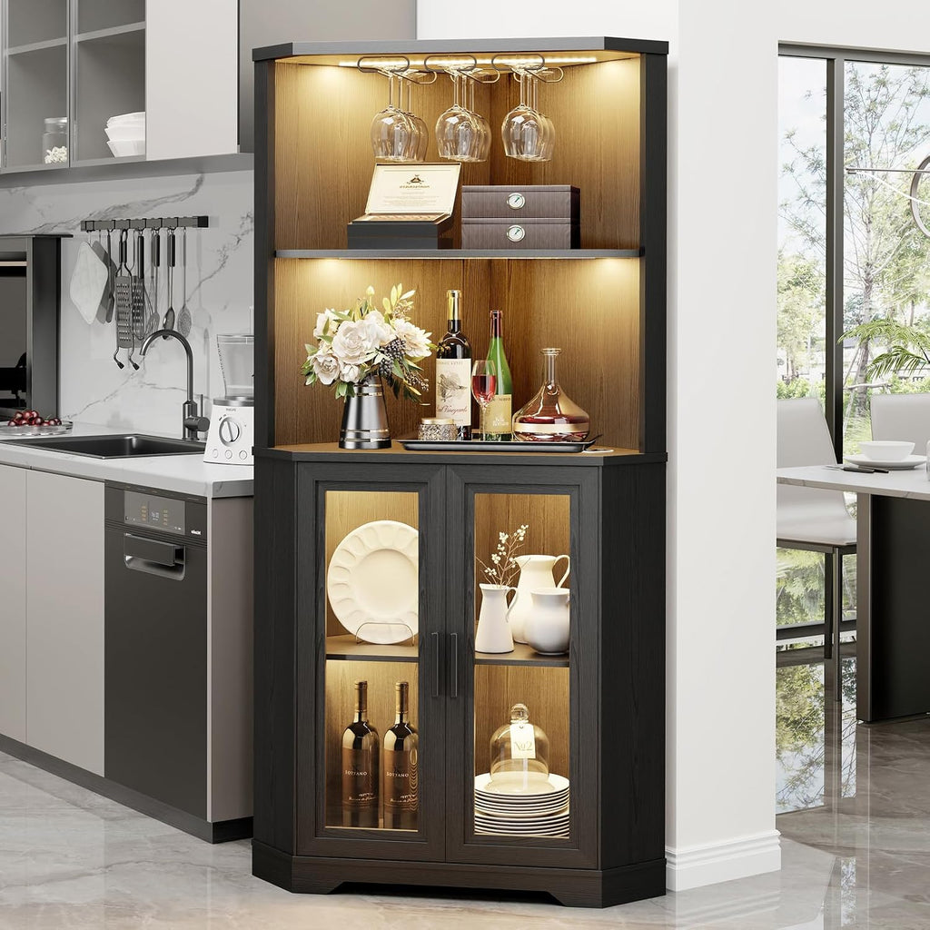 65" Tall Corner Bar Cabinet with LED Lights & Glass Holder