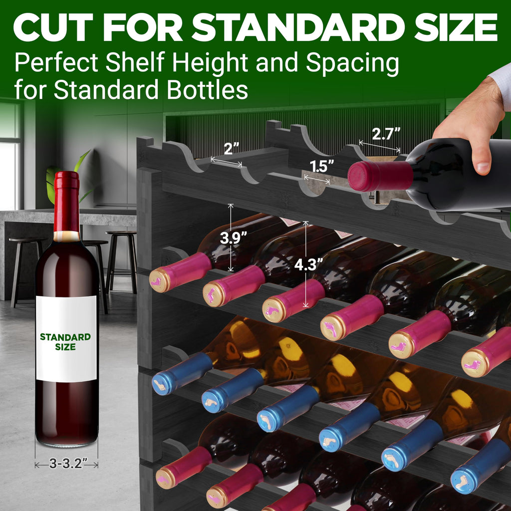 NutriChef 108 Bottle Stackable Modular Wine Rack, Upgraded 1â Thick Sideboard, .5â Rack Sticks, Sturdy Wobble Free Natural Bamboo Construction, Protective Moisture Resistant Finish, 33.5" x 10" x 63"