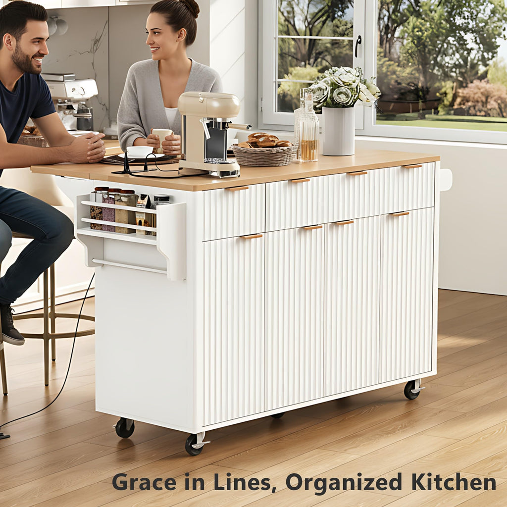 Large Fluted Kitchen Island Cart on Wheels with Storage, Natural