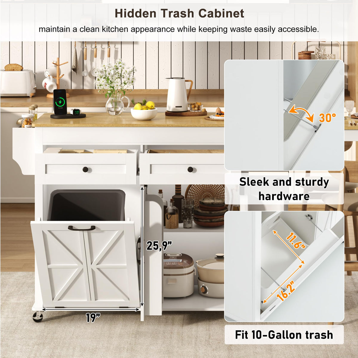 81.6"-51" Extendable Rolling Kitchen Island with Extended Dining Table & Power Outlet, Mobile Kitchen Storage Islands with Trash Cabinet, Large Islands Cart with Storage and 2 Seatings, Black