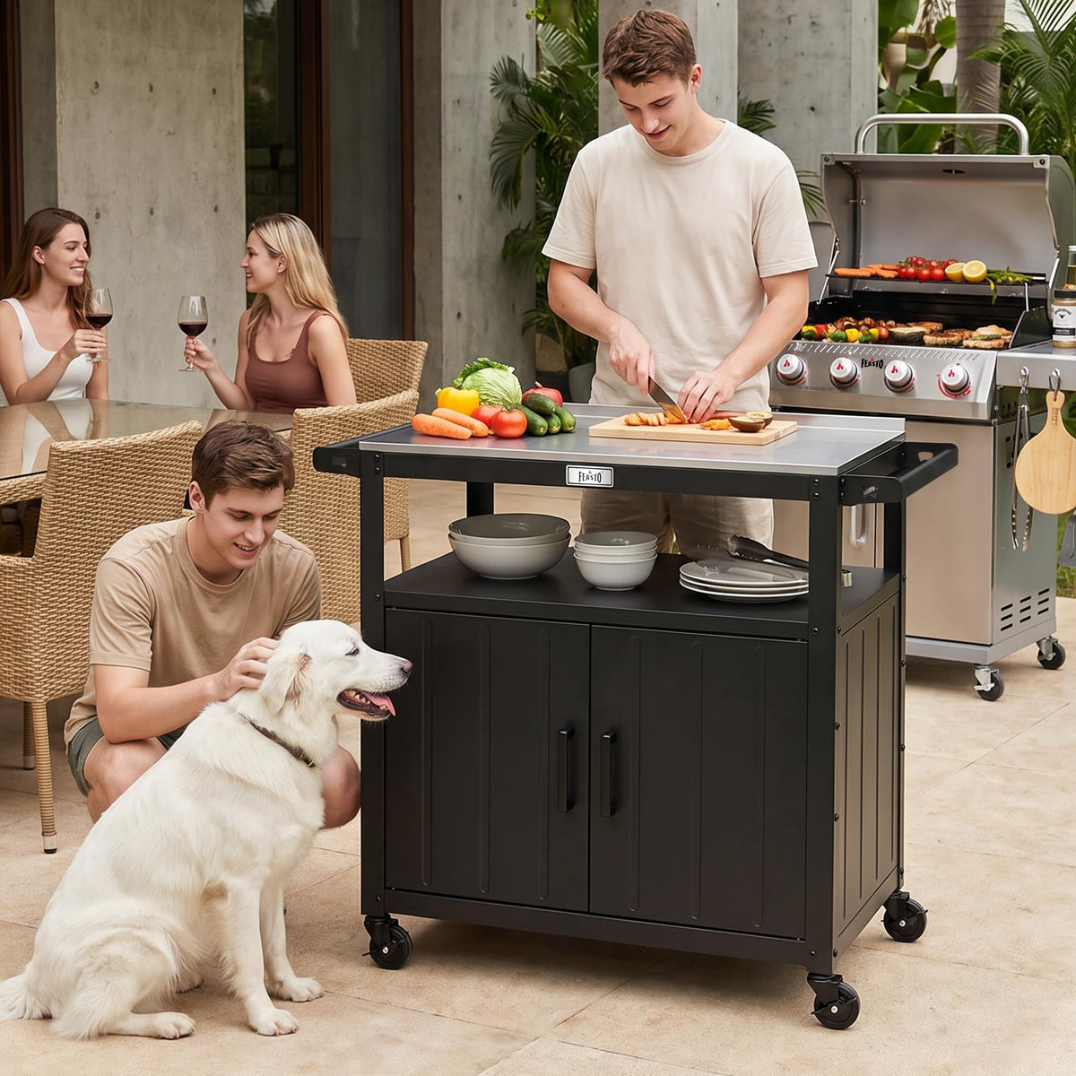 Feasto Outdoor Grill Cart w/Storage Cabinet, Stainless Steel Top, Brown