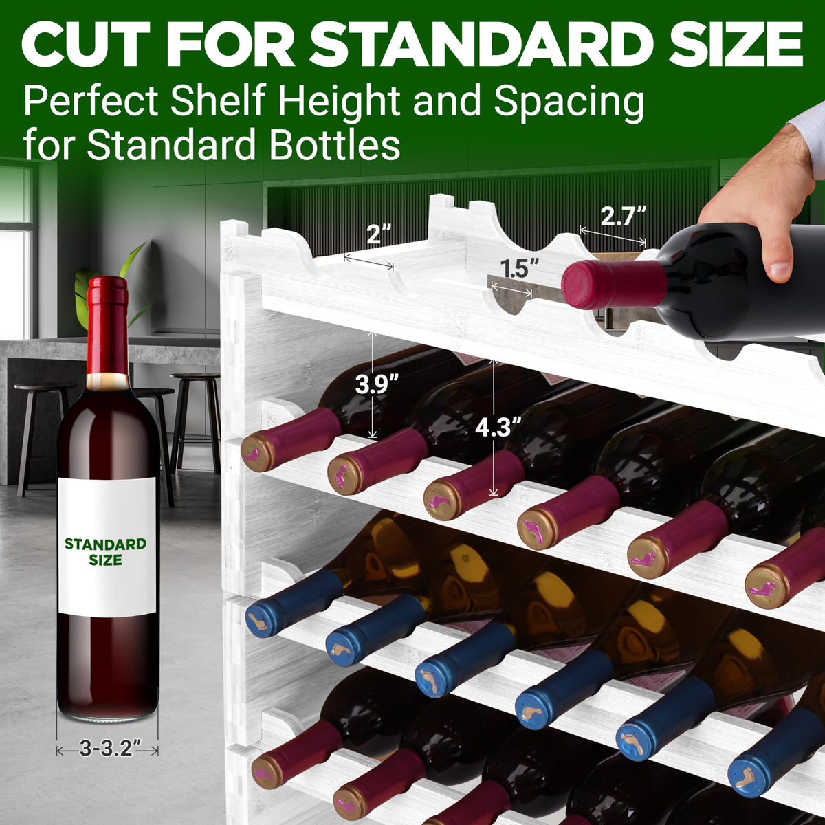 NutriChef 108 Bottle Stackable Modular Wine Rack, Upgraded 1â Thick Sideboard, .5â Rack Sticks, Sturdy Wobble Free Natural Bamboo Construction, Protective Moisture Resistant Finish, 33.5" x 10" x 63"
